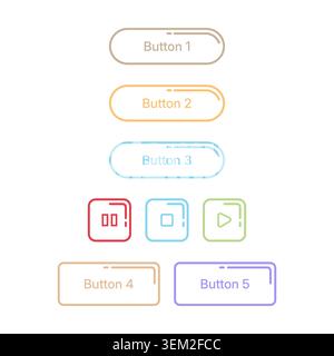 Modern outline button and media control icon set with play, pause, stop, and action buttons. Perfect for websites, mobile apps, dashboards, UI kits, a Stock Vector