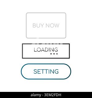Minimal outline button collection featuring Buy Now, Loading, and Settings actions. Clean vector UI elements for websites, mobile apps, dashboards, e- Stock Vector