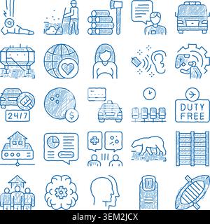 Blue doodle icons illustrating various business concepts and services Stock Vector