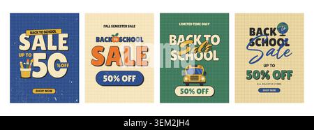 Retro back to school sale poster set with vintage typography, school elements, textured layout. Seasonal education discount banners in mid century Americana style. Vector illustration Stock Vector