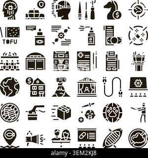 Collection of business, medical, technology, and nature glyph icons Stock Vector