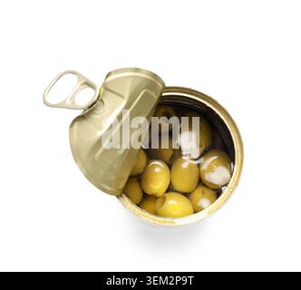 Can with moldy olives on white background Stock Photo