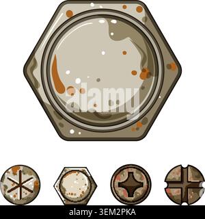 Rusty screw and bolt heads illustration Stock Vector