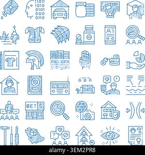 Assorted doodle line blue icons set illustrating various concepts Stock Vector