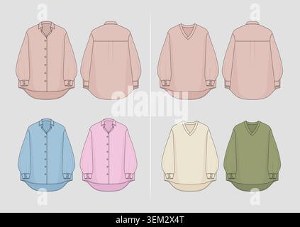 Women's Blouse Shirt Vector Mockup Oversized V-Neck Button Down Flat Sketch Packs Stock Vector