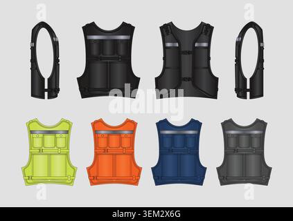 Multi Pocket Safety Vest Vector Mockup High Visibility Construction Workwear Set Stock Vector