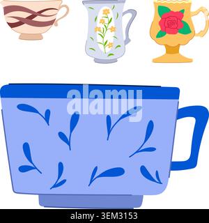 Collection of vintage cups and mugs illustration Stock Vector