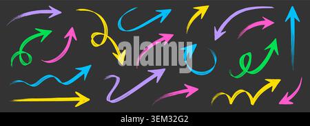 Arrow pencil color crayon brush set. Hand drawn arrow line chalk sketch doodle scribble crayon charcoal texture. Colorful school chalkboard note check up curve wave childish. Vector illustration Stock Vector