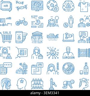 Blue doodle icons set representing various concepts Stock Vector