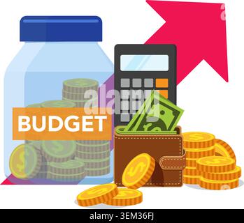 Financial Budgeting and Savings Concept. Financial budget planning with a savings jar, wallet, and growth arrow. Stock Illustration. Stock Vector