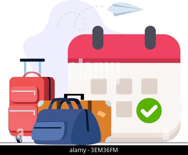 Travel date and vacation concept. Pointing to calendar with check mark, indicating annual leave and vacation planning. Stock illustration. Stock Vector