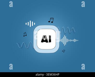 AI music generation with audio synthesis and intelligent sound creation. Produce melodies, AI music tracks and audio content using generative technology vector illustration Stock Vector