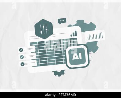 AI data management with spreadsheet automation, workflow controls and business analytics dashboard. Organize records, validate information and AI improve operational efficiency vector illustration Stock Vector