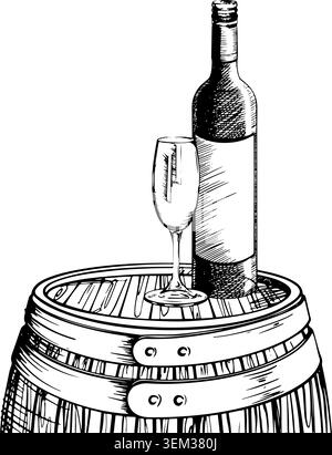A bottle of wine or champagne and a glass on a wooden barrel lid. Sketch, hand-drawn black and white vector illustration, isolated composition for Stock Vector