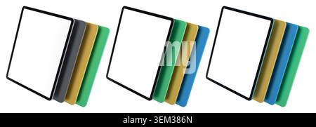 Multiple black-framed digital tablets stacked with colorful sheets, isolated on white background, concept of technology and modern devices Stock Photo