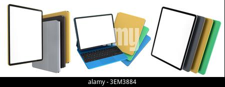 Multiple black-framed digital tablets stacked with colorful sheets, isolated on white background, concept of technology and modern devices Stock Photo