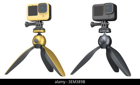 Photo and video lightweight yellow action camera with mini tripod on white background. 3D rendering of professional photography equipment for sportsme Stock Photo