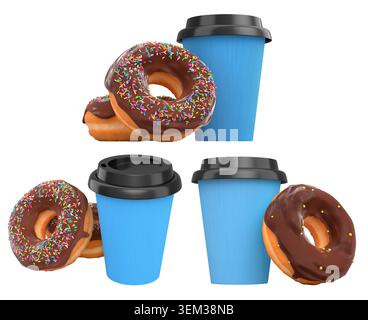 Assorted donuts with colorful icing and sprinkles next to takeaway coffee cups, isolated on white, sweet snack concept Stock Photo