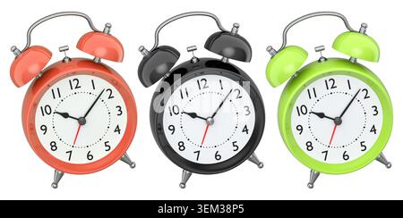 Classic twin bell alarm clocks with chrome details shown side by side, isolated on white background, concept of time Stock Photo