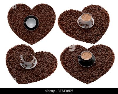 Set of colorful coffee cups on heart-shaped piles of coffee beans, isolated on white background. Concept of coffee and flavor Stock Photo