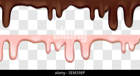 Drops of pink candy cream melting on chocolate bg. Liquid cocoa sauce 3D. Realistic milk slime texture, vector wavy paint drop, isolated cheese sauce Stock Vector