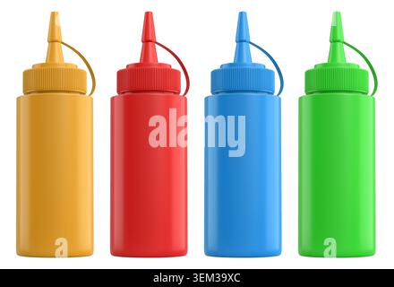 Set of plastic squeeze ketchup and mustard bottles with pointed cone caps lined up side by side isolated on white background Stock Photo