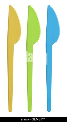 Set of colorful plastic knives, isolated on a white background. Minimalist concept of vibrant disposable utensils Stock Photo