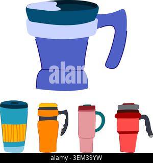 Portable travel mugs and thermal cups set Stock Vector