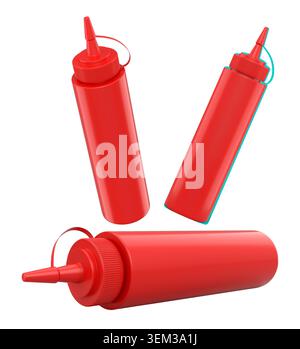 Set of plastic squeeze ketchup and mustard bottles with pointed cone caps lined up side by side isolated on white background Stock Photo