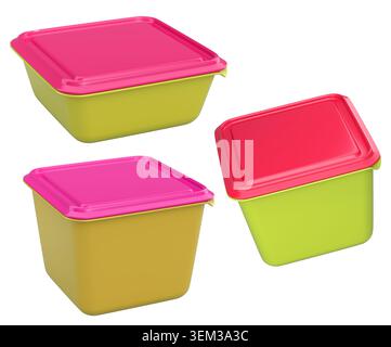 Stacked plastic food storage containers with black lids, isolated on white background, concept of organized storage Stock Photo