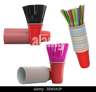 Multiple colorful plastic straws arranged in plastic cups isolated on white background, symbolizing party beverages Stock Photo