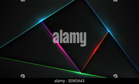 Abstract neon geometric background with glowing lines on dark overlapping layers futuristic tech wallpaper for gaming and digital design layouts with Stock Vector
