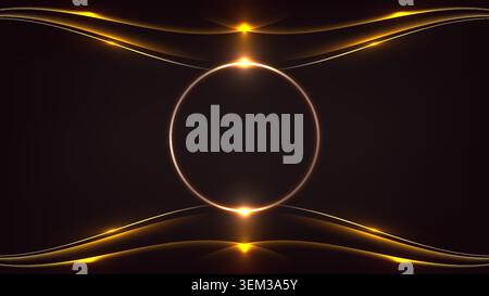elegant abstract background for modern luxury branding designs, featuring a glowing golden ring centered between sleek wavy neon light borders on a da Stock Vector