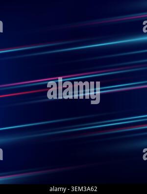abstract digital artwork displays vibrant neon light trails moving fast across a dark background to symbolize high speed data flowing through a networ Stock Vector