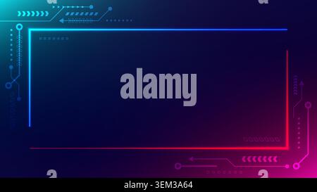Futuristic cyber tech neon border background with hud elements and copy space on dark blue purple gradient for gaming and technology banner Stock Vector