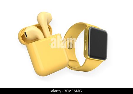 Black wireless earbuds in charging case with sleek smartwatch, isolated on white background, concept of modern technology Stock Photo