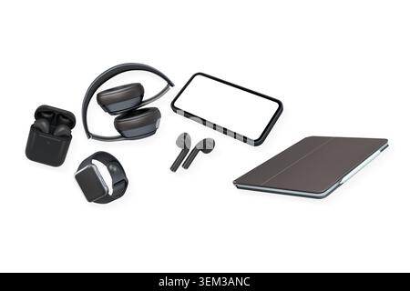 Modern gadgets set with headphones phone watch earbuds and tablet isolated on white background concept tech Stock Photo