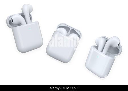 Set of wireless earbud sets in glossy cases isolated on white background, concept of modern audio accessories Stock Photo