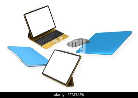 Digital devices including computer, laptop, tablet and graphic pad isolated on white background, concept of technology Stock Photo
