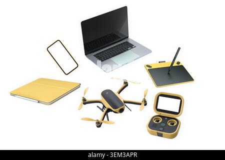 Drone, tablet, and controller isolated isolated on white background, concept of modern technology devices today Stock Photo