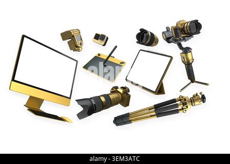 Assorted creative tech and photo gear isolated on white background, concept of modern digital workflow Stock Photo