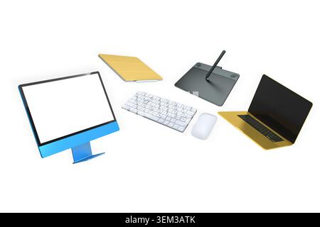 Assorted digital devices including monitor, laptop, tablet, keyboard and mouse on white background, concept of modern workspace Stock Photo