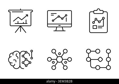Data analysis statistics business intelligence workflow process line icon set Stock Vector