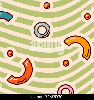 Groovy psychedelic poster with horizontal green lines and color abstract elements. Stock Vector