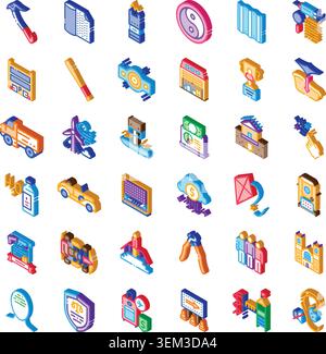 Isometric icon set illustrating various designs and symbols Stock Vector