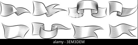 Engraving waving flags set Stock Vector
