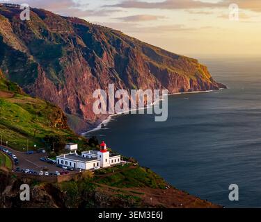 Epic sunset over the Farol da Ponta do Pargo in Madeira islands  Portugal. This is the west end of the island. Stock Photo