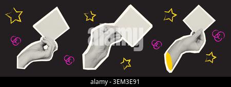 Set of human female hands with expressive gestures in halftone grain texture combined with collage paper elements vintage newspaper style and pop art Stock Vector