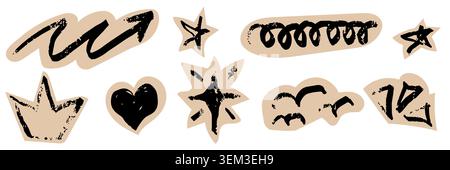 Sticker paper arrow heart shape star element line icon brush scrapbook set. Hand drawn crayon doodle collage with ripped notebook texture and cute Stock Vector