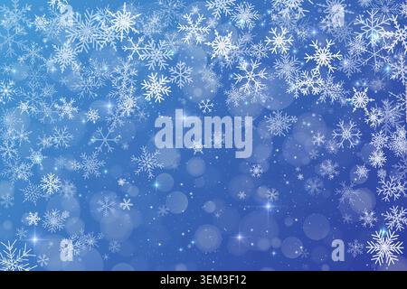 Winter vector background with falling snowflakes. Icy sky with bokeh and shiny sparkles. Frosty Christmas holiday blue magic backdrop. Vector Stock Vector